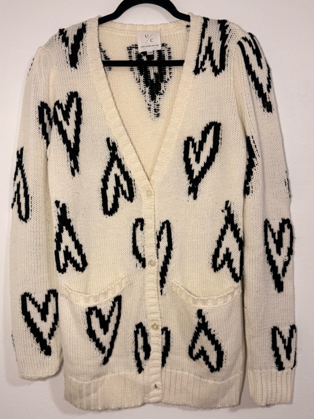 Undra Celeste NY HFR  Cardigan Heart Sweater Cream w/Blue Hearts S/M
